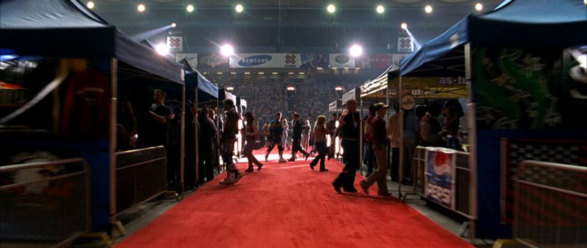 An alley of tents at the XGames Arena.