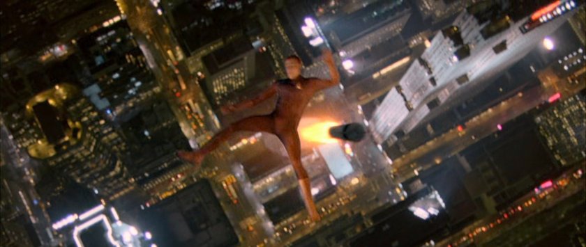 The Human Torch pursued by a heat seeking missile above Rockefeller Center.