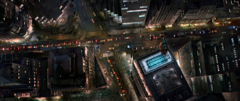 Ben and Doom fall towards a skylight below Von Doom Industries.