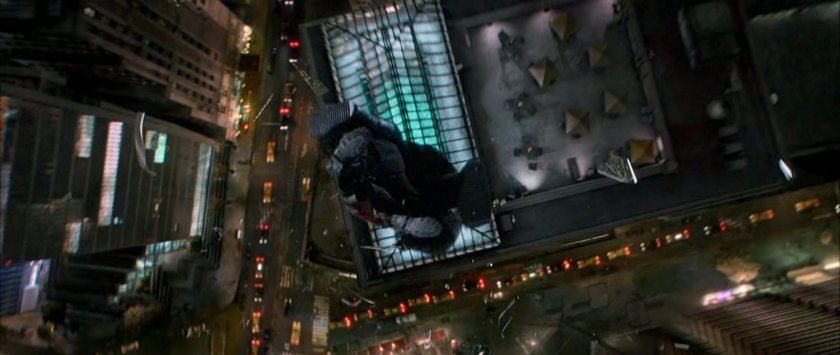 Ben and Doom fall towards a skylight below Von Doom Industries.