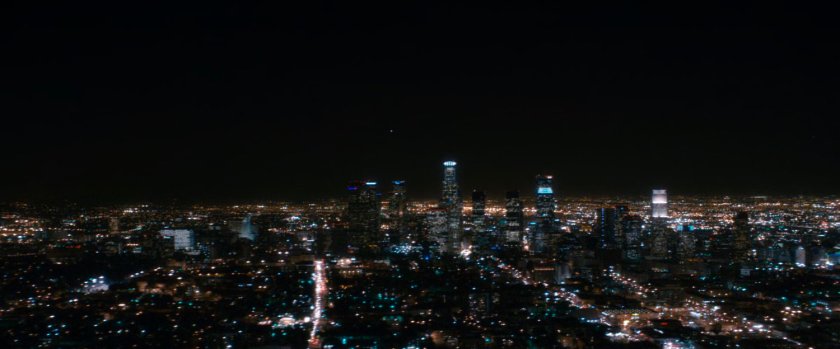 Nighttime aerial of downtown Los Angeles.