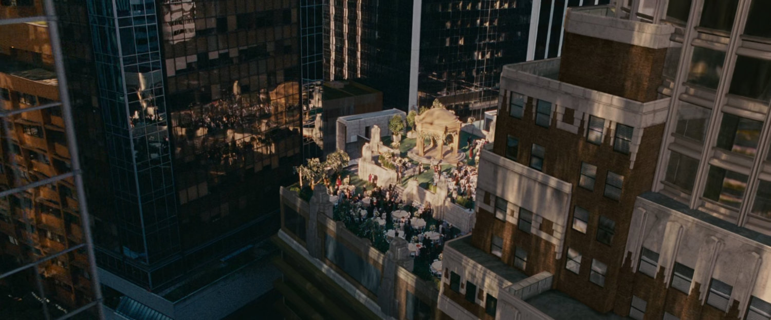 Aerial view of wedding event on the rooftop of the Baxter Building.