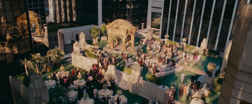 Aerial view of wedding event on the rooftop of the Baxter Building.