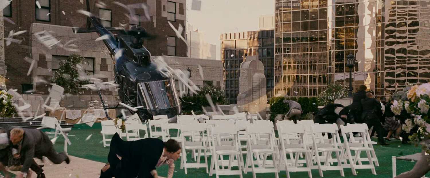 A helicopter crashing the wedding of Reed and Sue on the rooftop of the Baxter Building.