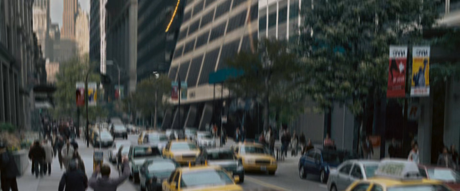 The Silver Surfer flying along 42nd Street outside the Grace Building.