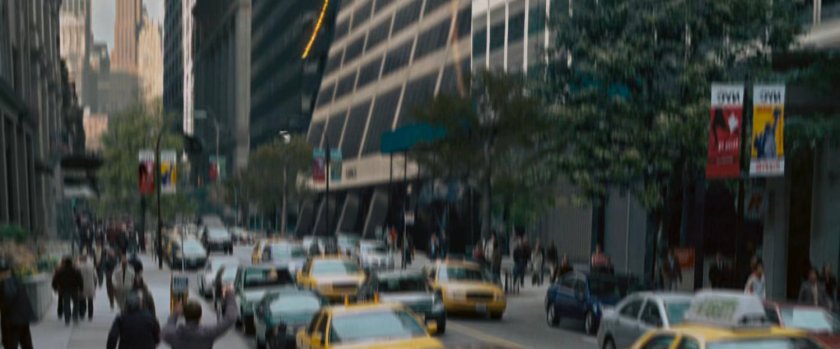 The Silver Surfer flying along 42nd Street outside the Grace Building.