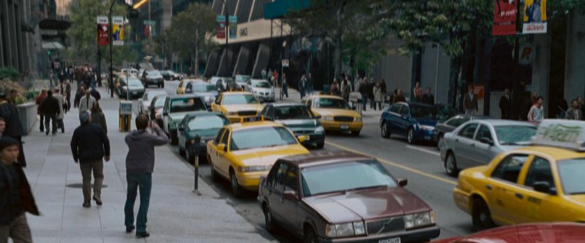 View along 42nd Street with the Human Torch flying.