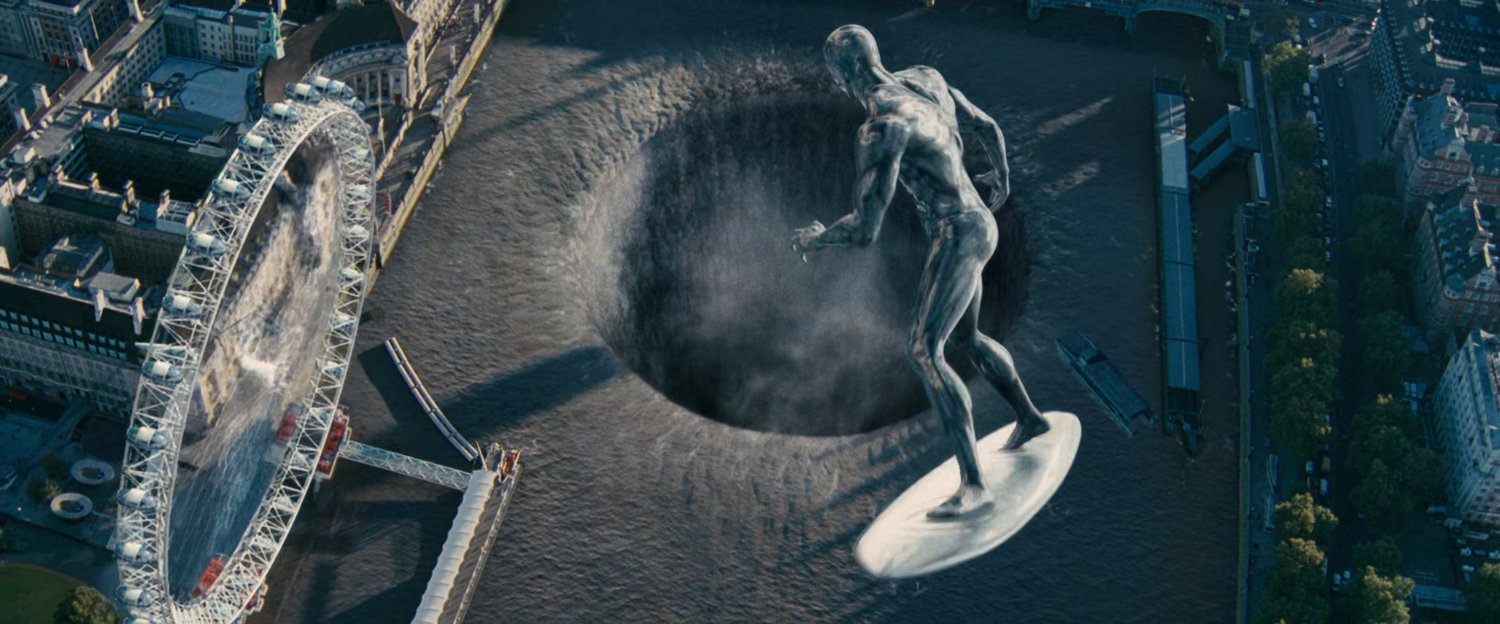 The Silver Surfer hovering over a sinkhole in the Thames and the London Eye.
