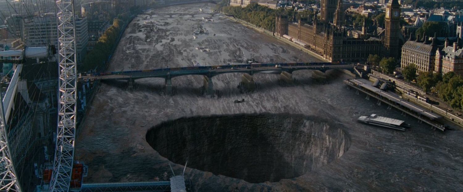 A sinkhole in the drained Thames River.