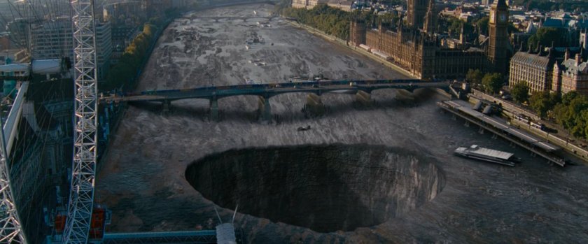 A sinkhole in the drained Thames River.