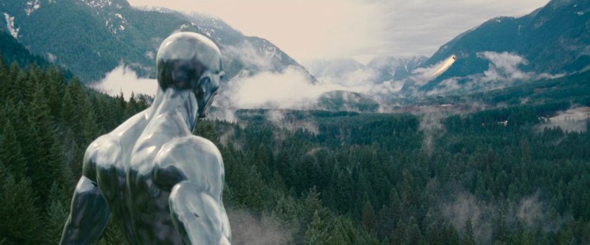 The Silver Surfer looking at a Black Forest valley.