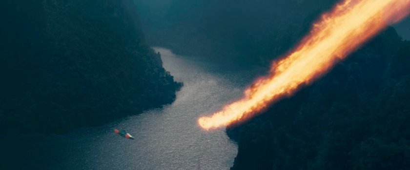 The Fantasticar and Johnny flying above islands in southeast China.