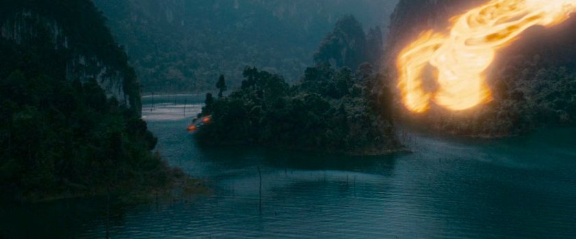 The Fantasticar and Johnny flying above islands in southeast China.