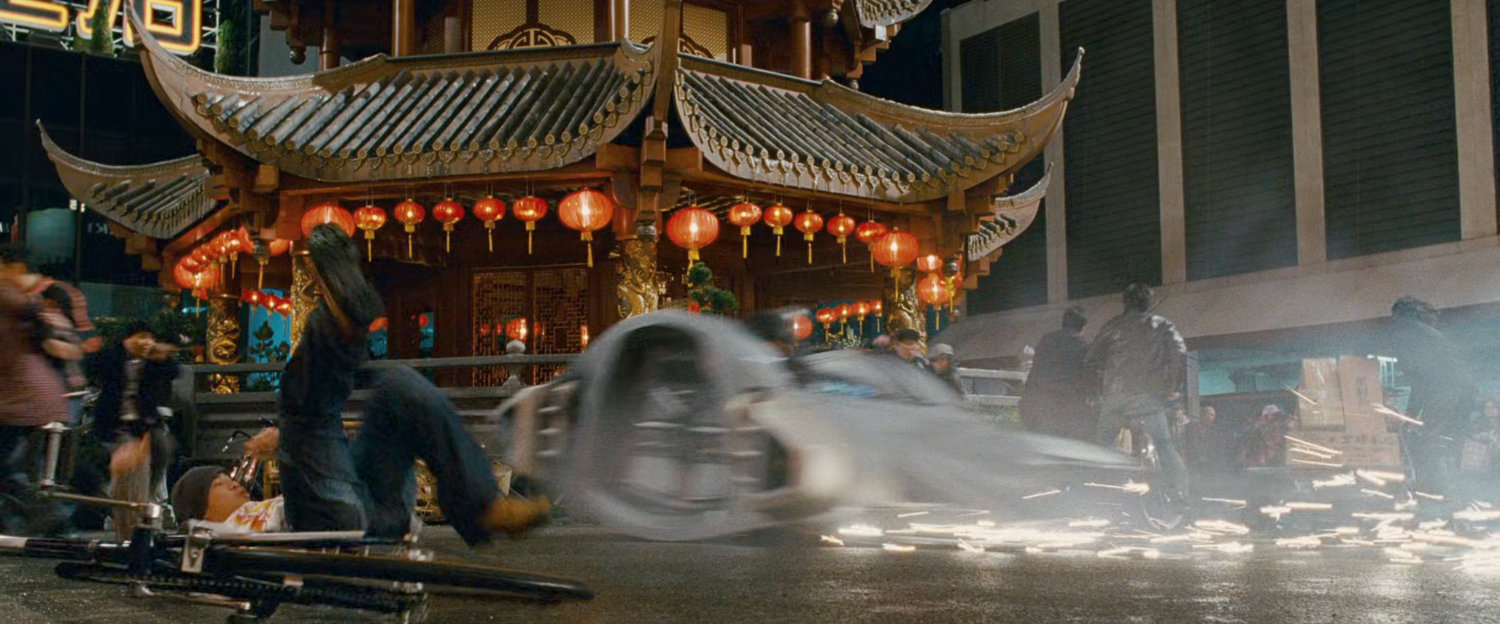 A Fantasticar pod crashing on a Shanghai street.