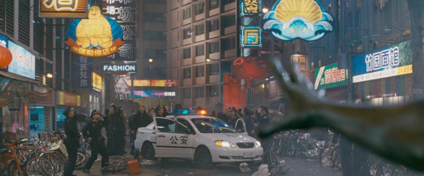 The Silver Surfer calls his board towards him on a Shanghai street.