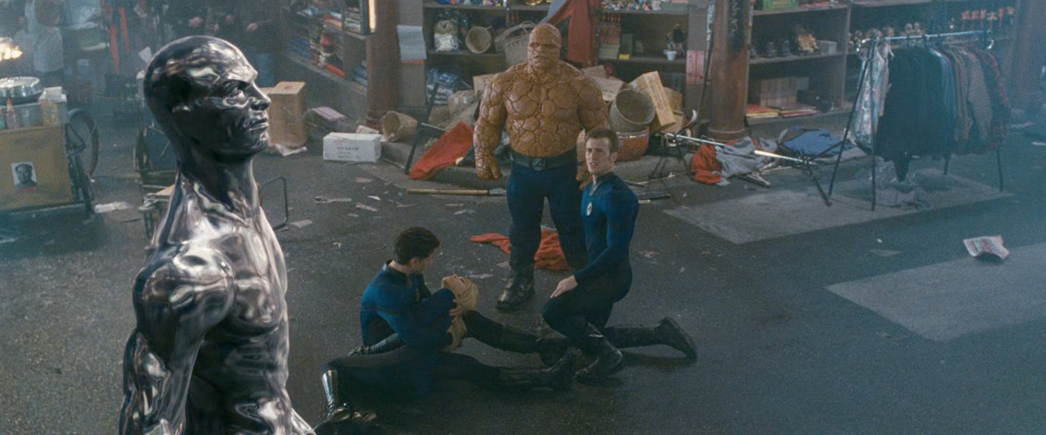 The Silver Surfer and the Fantastic Four on a Shanghai street.