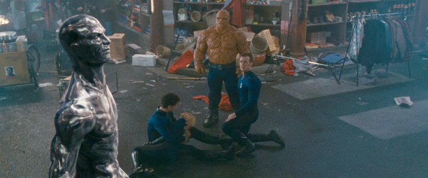 The Silver Surfer and the Fantastic Four on a Shanghai street.