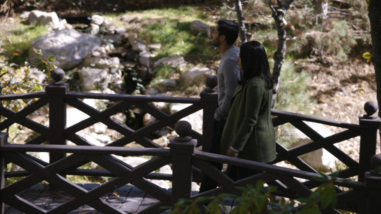 Vijay and Ellen walking along small bridge near her lake house.