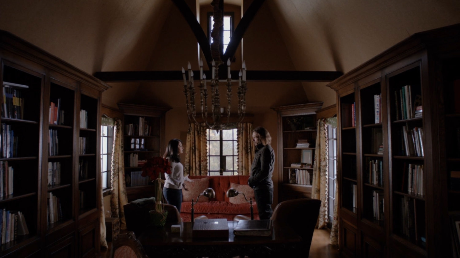 Ellen and Shockley in living room of her lake house.