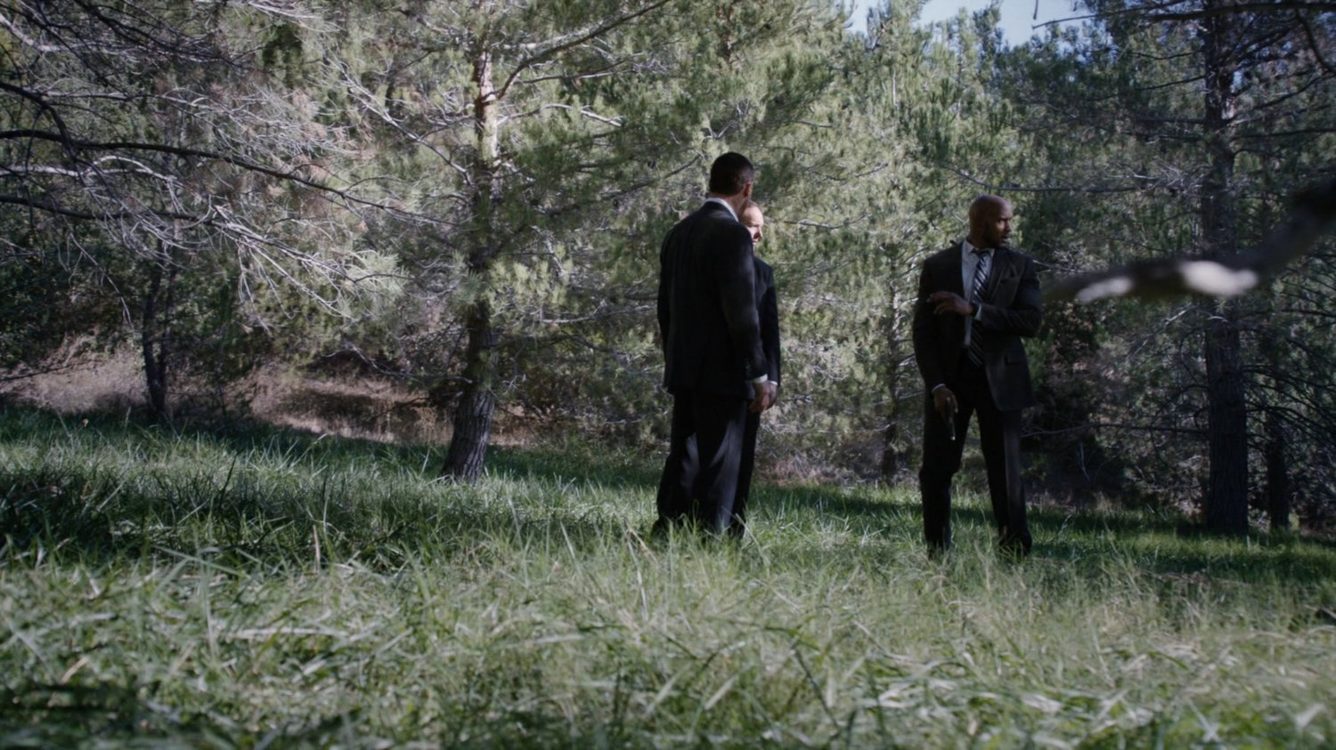 Director Mace, Coulson, and Mack in a rural West Virginia forest.