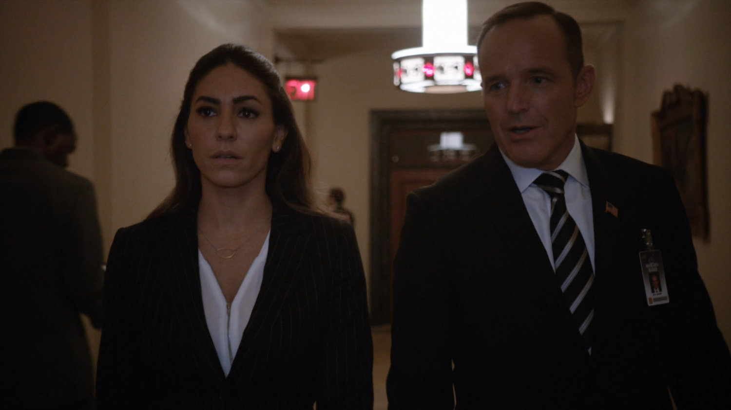 Coulson and Yo-Yo in a Senate hallway.