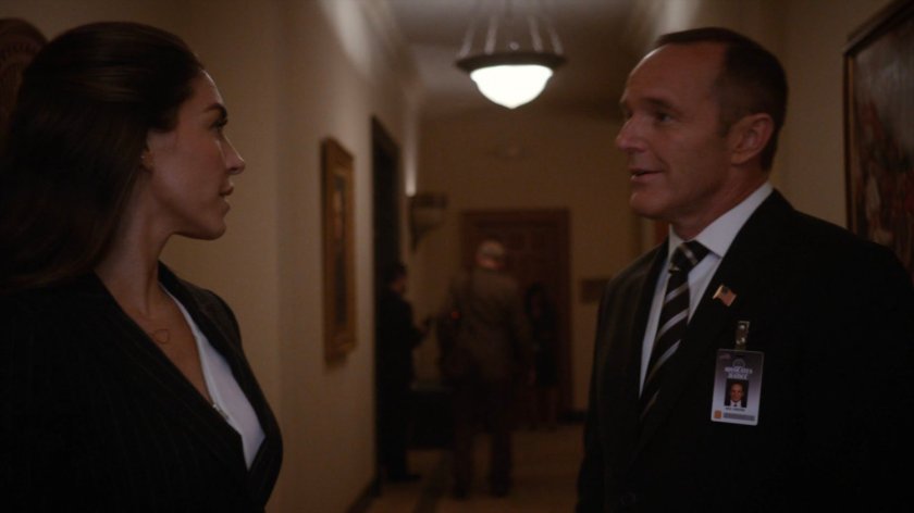 Coulson and Yo-Yo in a Senate hallway.
