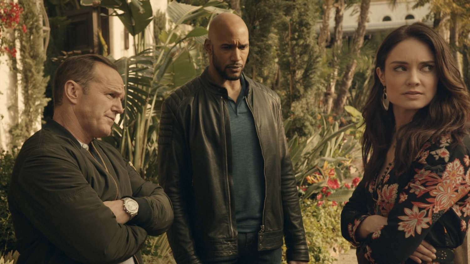 Coulson, Mack, and Agnes in Spanish plaza.