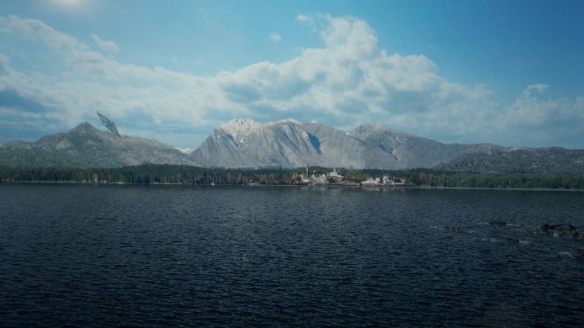 Exterior of Russian river with mountains.
