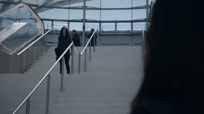 Daisy on the stairs of the Framework Triskelion.