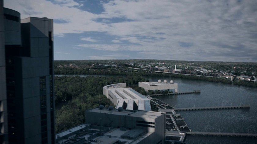 Aerial view of the Framework Triskelion on the Potomac River.