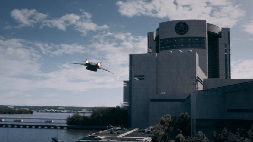 Aerial view of Quinjet departing the Framework Triskelion on the Potomac River.