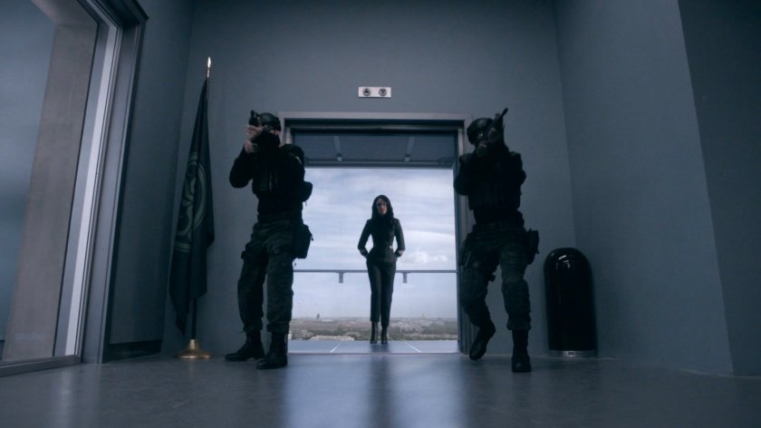 Two guards and Madame Hydra in the elevator and hallway outside the bullpen of the Framework Triskelion.