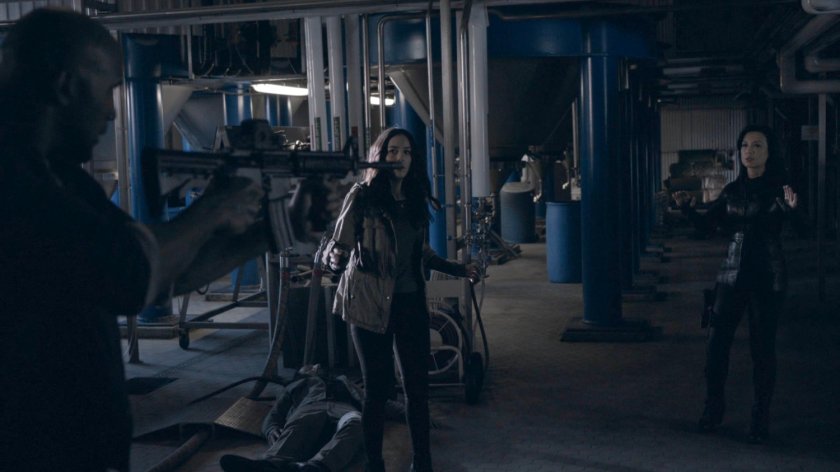 Mack, Daisy, and May in a SHIELD safehouse in the Framework.