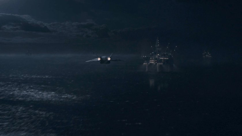 A quinjet flies towards the Superior's Base, disguised as an oil drilling platform in the Framework.