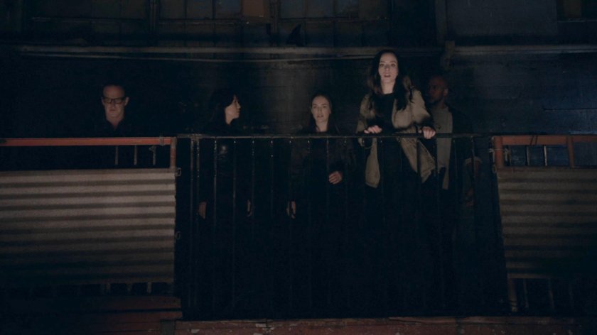 Daisy, Mack, Jemma, Coulson, and May in a steel mill in the Framework.