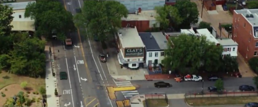 Aerial view of Clay's Gym and street corner in Washington DC.