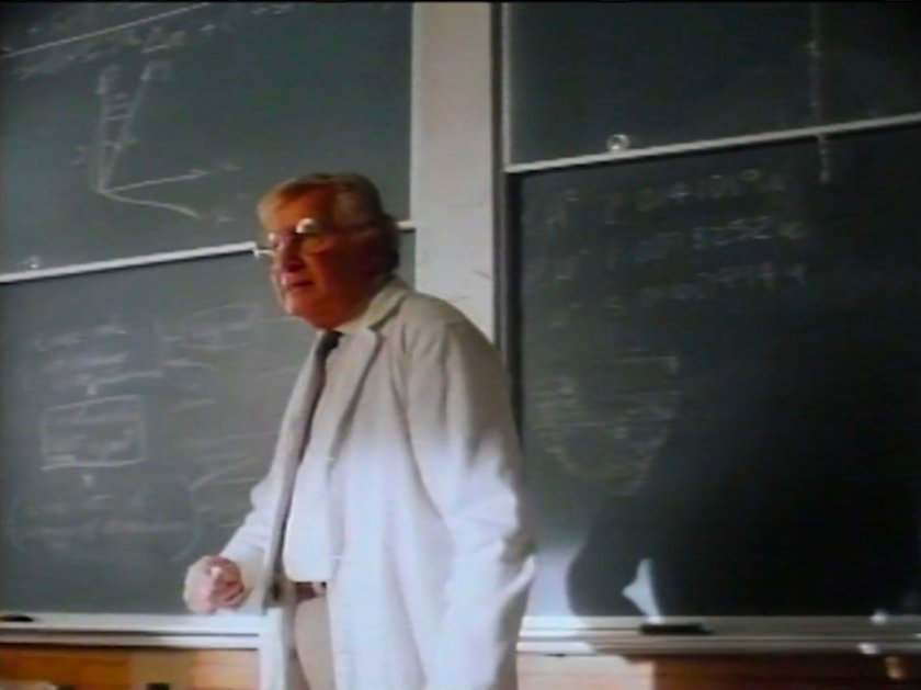 A professor lecturing in front of chalkboards.