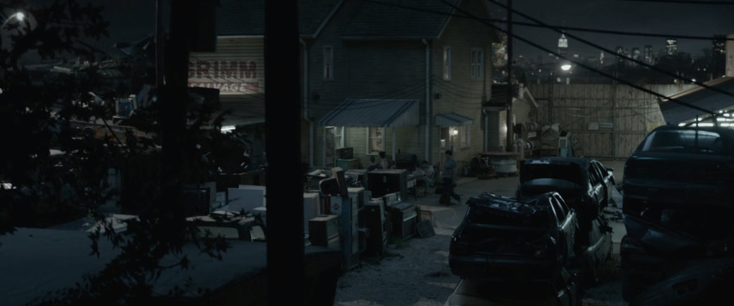Night time view of Grimm Salvage yard.