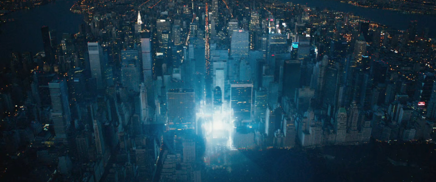 Electromagnetic explosion in Manhattan at night.