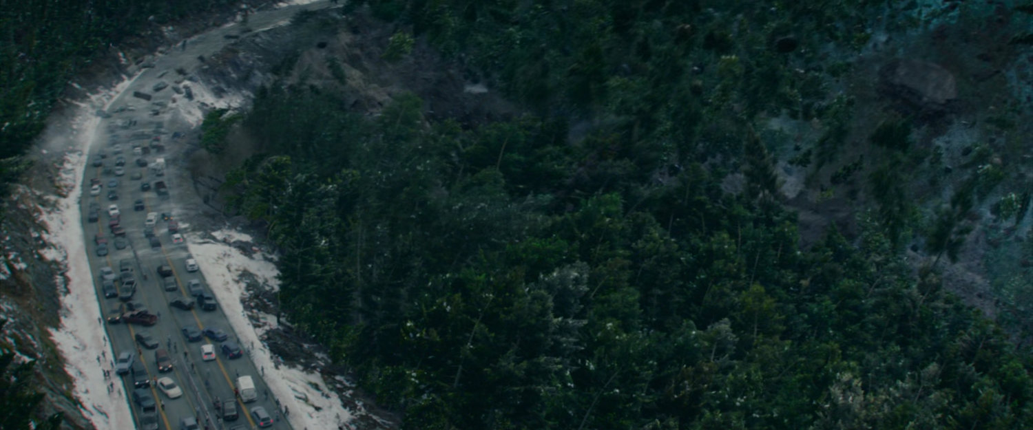 Aerial of road and sinkhole in British Columbia.