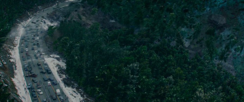 Aerial of road and sinkhole in British Columbia.
