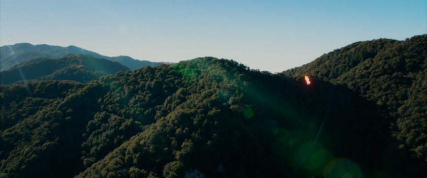 The Human Torch flies over forested hills.