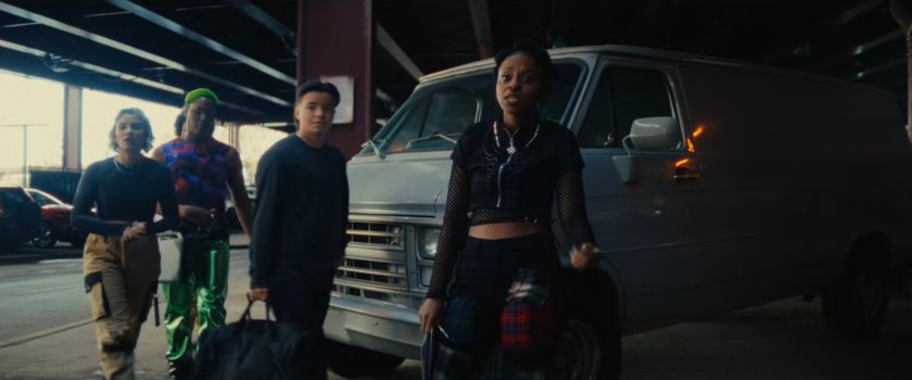 Clown, Roz, Slug and Jeri in a parking area under bridge.