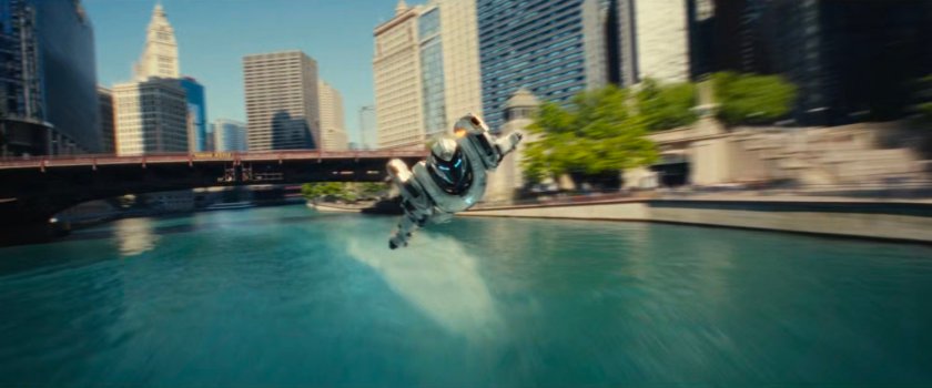 Ironheart flying over the Chicago River.