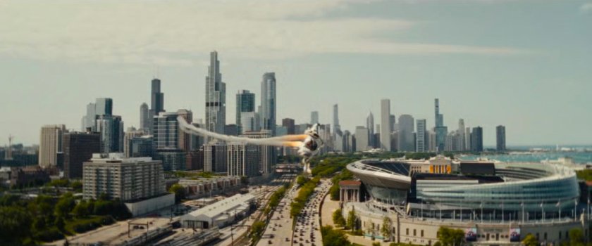 Ironheart flying past Soldier Field in Chicago.