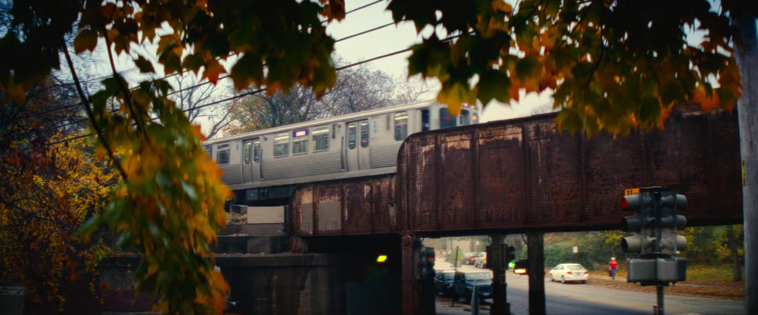 An L train passes over a road outside Chicago.