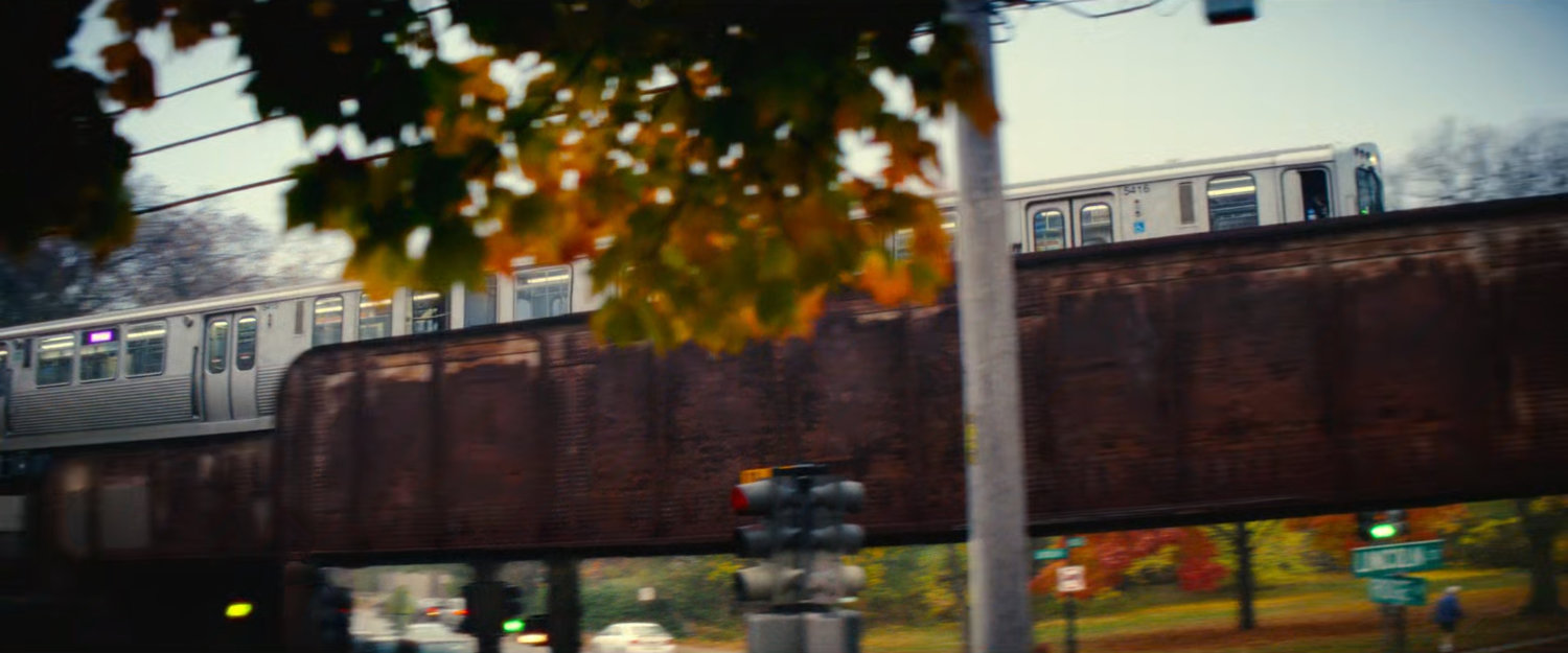 An L train passes over a road outside Chicago.