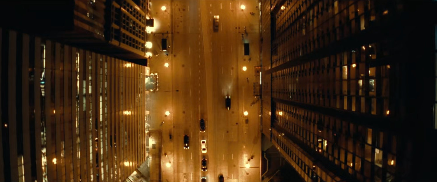 Aerial view of Chicago street at night.