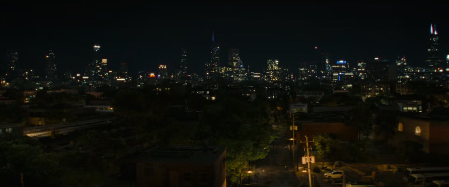 Nighttime aerial of Chicago.