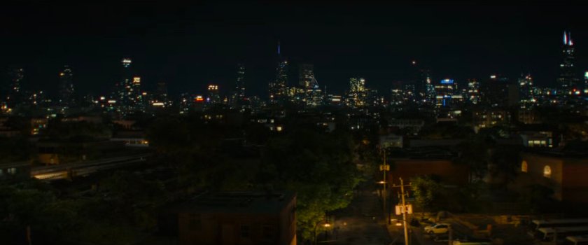 Nighttime aerial of Chicago.